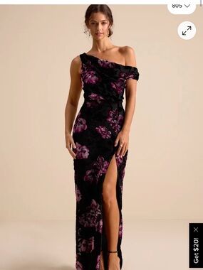 Lulu's Black One-Shoulder Floral Evening Gown with Magenta Flowers